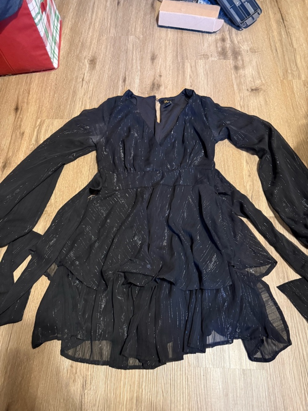 Japna Black Long-Sleeve Tiered V-Neck Dress with Metallic Accents